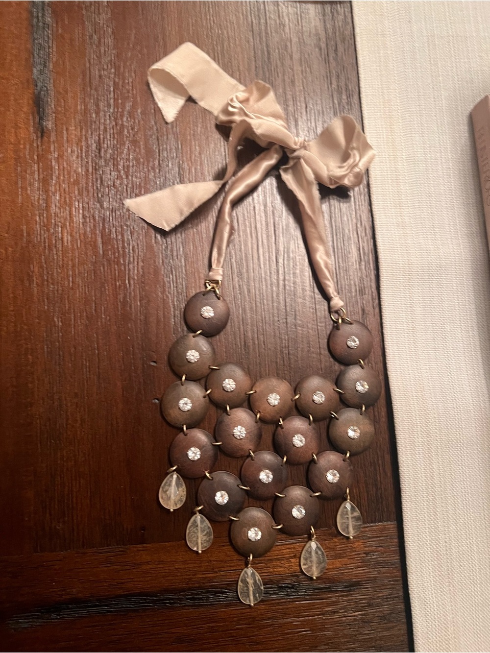 Statement Brown wooden Beaded Ribbon Necklace with Crystal Accents